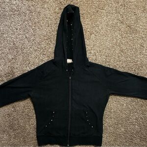 JLo brand woman’s size Med. zip up black hoodie Beautiful gold accents and cross